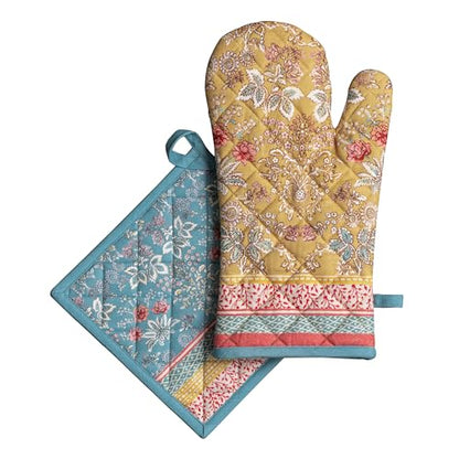 Maison d' Hermine 100% Cotton Oven Mitt & Pot Holder Set (7.5"x13" & 8"x8") | Heat Resistant BBQ Cooking Gloves with Loop Baking Grilling Kitchen Hotel Home Farmhouse Spring Summer - Marquise - color: 001 - Marquise, size: 7.5" x 13" & 8" x 8" (Oven Mitt