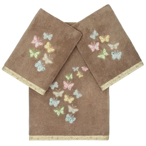 Frolic 3-Piece Towel Set, Exquisite Embroidered Butterflies, 100% Turkish Cotton, Ultra Absorbent, Cottage Decor, 1 Bath 2 Hand Towels, Cocoa - color: Cocoa, size: 1 Pc Bath 2 Pcs Hand Towel