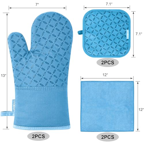 KEGOUU Oven Mitts and Pot Holders 6pcs Set, Kitchen Oven Glove High Heat Resistant 500 Degree Extra Long Oven Mitts and Potholder with Non-Slip Silicone Surface for Cooking (Sky Blue) - color: Sky Blue