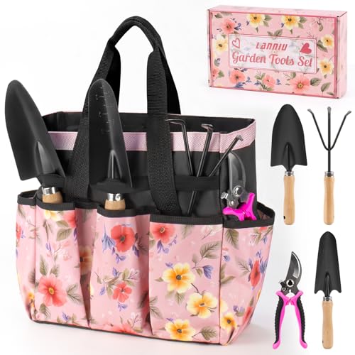 5 Piece Pink Gardening Tool Set for Women | Floral Garden Bag, Garden Tool Kit, Gifts for Wife - style: 5-Piece Pink With Bag