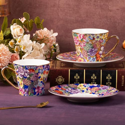 KAMMAK Tea Cup and Saucer, Ceramic Coffee Cups, 7.5 oz, Set of 2 | Porcelain Tea Cups with Saucers for Coffee and Cappuccino, Ideal for Breakfast, Afternoon Tea and Entertaining,637+638N - style: 637N+638N