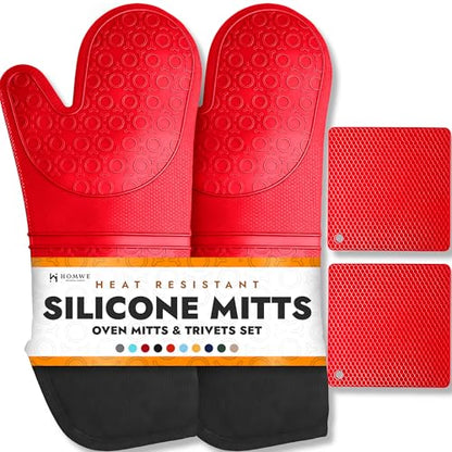 Homwe Silicone Oven Mitts and Potholders (4-Piece Sets) Heavy Duty Cooking Gloves, Kitchen Counter Safe Trivet Mats | Advanced Heat Resistant, Non-Slip Textured Grip Pot Holders(Red) - color: Canyon Red, size: 4-Piece Oven Mitts & Trivets Set
