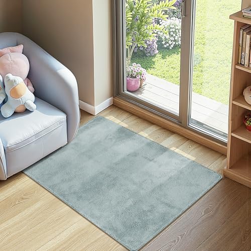 jinchan 2x3 Solid Plush Area Rug Shaggy Washable Entryway Rug, Slate Blue | Soft, Cozy, Non-Slip, Modern, Faux Wool, Performance Rug, Floor Carpet, Doormat, Kids Room, Laundry Room, Bathroom, Kitchen - color: Solid Slate Blue, size: 2' x 3' (Rectangular)