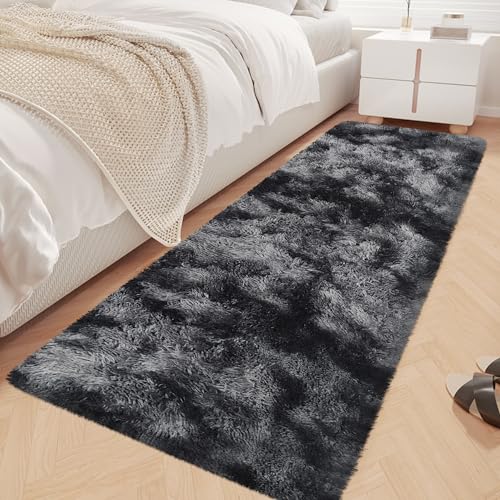 Tie-Dyed Runner Rug for Bedroom Black Grey 2x6ft Fluffy Area Rug Bedside Runner Rug for Kids Room Boys Teens Nursery Baby Living Room Dorm Home Decor Carpets - color: Tie-dyed Black Grey, size: 2' x 6' (Runner)