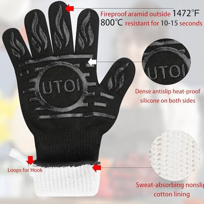 BBQ Grill Gloves, 1472°F Heat Resistant Barbecue Gloves Oven Mitts, Silicone Non-Slip Cooking Gloves for Kitchen, Grilling and Baking, EN407 Certified, 13 inch Long, Black, XL Size - color: Black Bbq Gloves