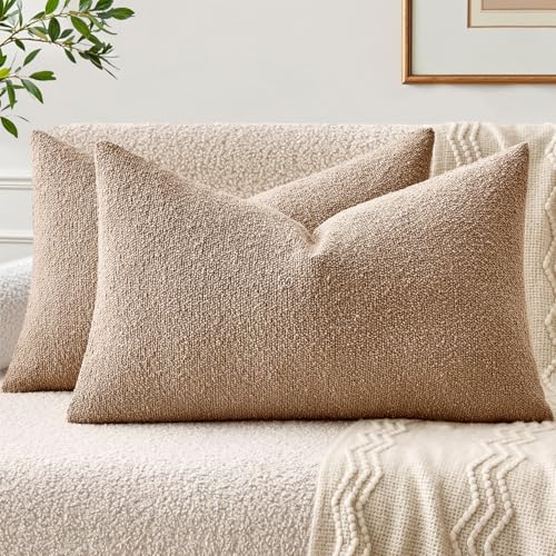 EMEMA Pack of 2, 12 x 20 Inch, Textured Boucle Throw Pillow Covers Cozy Soft Accent Solid Cushion Cases Decorative Camel Pillowcases for Couch Sofa Chair Bedroom Living Room Home Decor - color: Camel, size: 20" x 12" (Pack of 2)