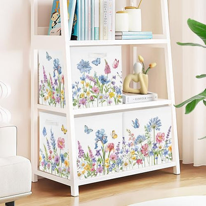 Clastyle 11.8" Flower Storage Basket Set of 3 for Kid Women Toy Clothes Bin | Collapsible Fabric Book Bin, Metal Frame Bottom Board, Cube Organizer, Closet Nursery Pantry Shelf Bedroom, Blue WildPlant - color: Blue Flowers