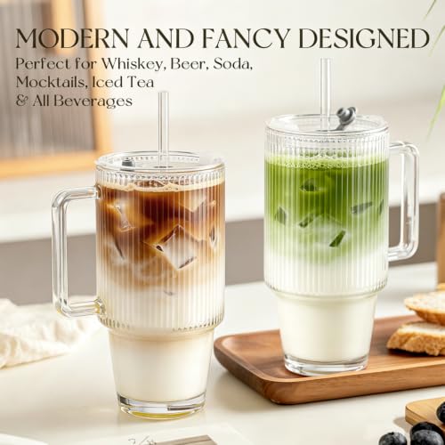 KEMORELA 24oz Ribbed Glass Cups with Lids and Straws,Glass Tumbler with Handle,2 set–Reusable Glass Ice Coffee Cups with Lid and Straw for Smoothies,Tea,Juice,Boba Cup for Cold & Hot Drinks,Travel Cup