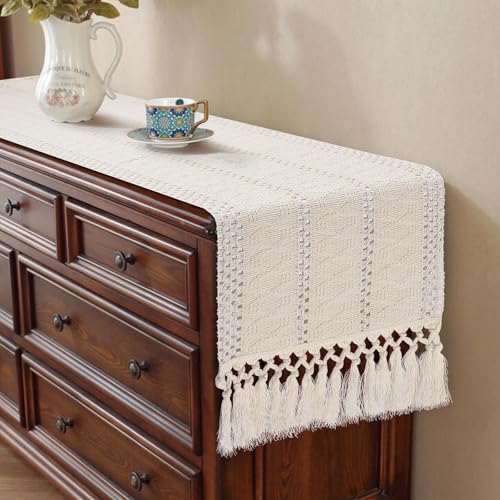 Boho Table Runner Short, Dresser Runner Cover Top, Beige Macrame Coffee Table Runners for Living Room Kitchen, Nightstand, End Table, Farmhouse Spring Dresser Decor, 48 Inches Long - color: Beige, size: 48 inches