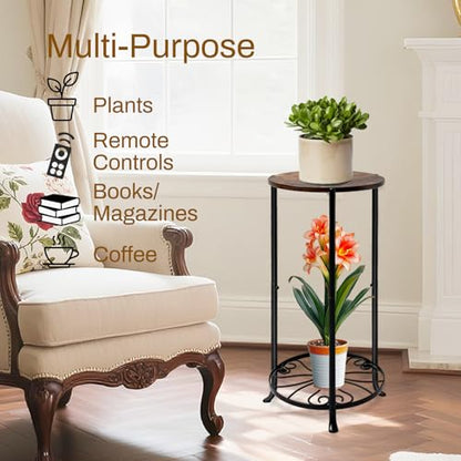 Plant Stand Indoor, 2-Tier Tall Wood & Iron Plant Stand, Heavy Duty Floor Plant Shelf Plant Rack for Patio Living Room Balcony Home Decor