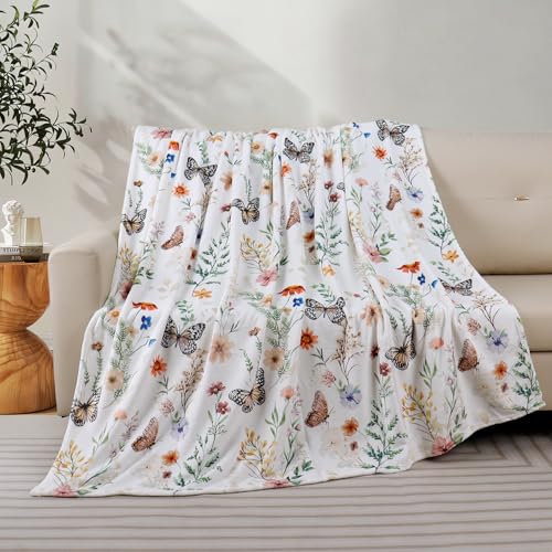 Floral Blanket Butterfly Wildflower Throw Blankets Colorful Flowers Botanical Plant Leaf Blanket Soft Cozy Flannel Fleece Bed Blankets for Couch Sofa Bed Lounging - color: Butterfly, size: 50"x60"