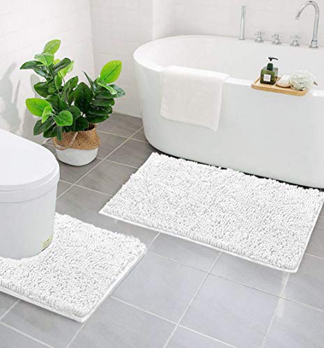 LuxUrux Bathroom Rugs Sets 2 Piece: Quick Dry, Soft Plush Anti-Slip, Super Absorbent. Includes Rectangular (31x20 inches) & U-Shaped Toilet Mat (20x20 inches) | White - color: White, size: 2 Piece Set