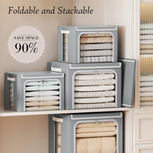 Yecaye Stackable Clothes Storage Bins with Lid, Grey, 40L, 6 Pack | Metal Frame, Foldable, Clear Window & Zippers & PU Leather Handles - color: Grey, size: Medium(6 Pack)