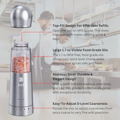 COSPRO Electric Salt and Pepper Grinder Set of 3 with Wireless Charging Base | Rechargeable Automatic Pepper Mill | Stainless Steel | One-Hand Use | Adjustable Coarseness | Easy Clean | Kitchen Gift - size: Set of 3