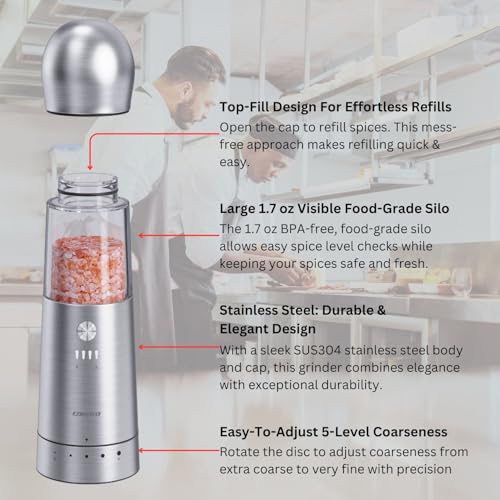 COSPRO Electric Grinder with Qi-Wireless Charging Base | Kitchen Gift | Rechargeable Automatic Spice Mill | Stainless Steel | One Hand Button Use | Adjustable Coarseness | Easy Clean - size: Set of 1