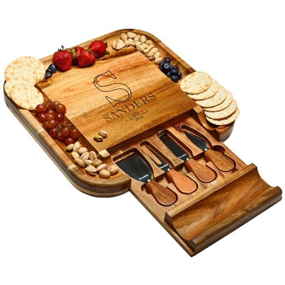 Picnic at Ascot Personalized Engraved Acacia Cheese/Charcuterie Cutting Board with Knife Set & Cheese Markers- Designed & Quality Checked USA