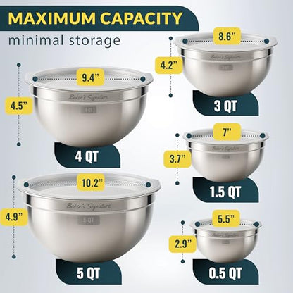 Stainless Steel Mixing Bowls with Lids Set of 5, Nesting Metal, 0.5-5 Qt | Mirror-finish interior, dishwasher safe & BPA-free; stack for food prep, cooking, storage & serving - size: Set of 5