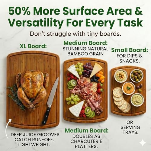 LUXURIOUS Bamboo Cutting Board 3-Piece Set with Carbonized Vertical Grain Strength Technology - Extra Large Wooden Cutting Boards for Kitchen with Deep Juice Grooves - Lifetime Replacements - color: Carbonized Dark Brown
