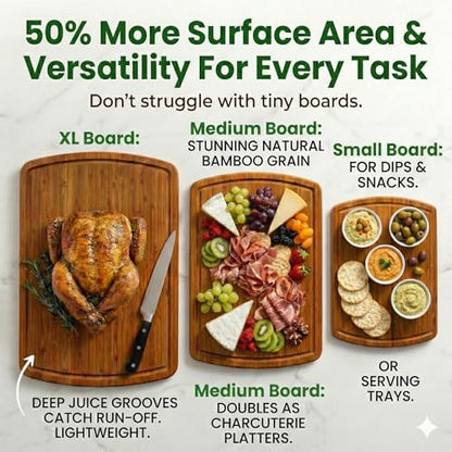 LUXURIOUS Bamboo Cutting Board 3-Piece Set with Carbonized Vertical Grain Strength Technology - Extra Large Wooden Cutting Boards for Kitchen with Deep Juice Grooves - Lifetime Replacements - color: Carbonized Dark Brown