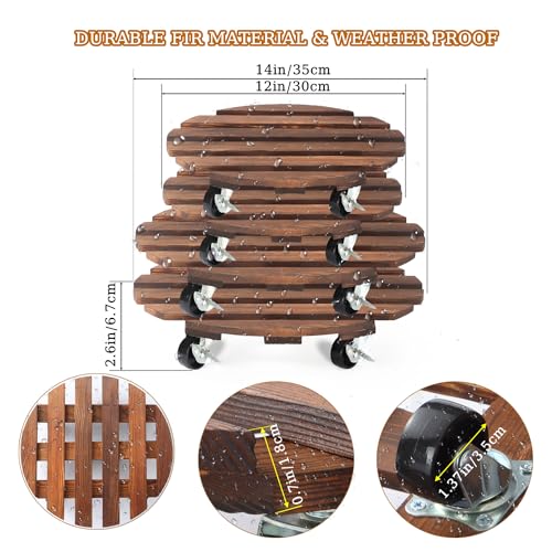 4 Pack Plant Caddy with 5 Wheels, Wood Rolling Plant Stand 220 LB Heavy Duty, Plant Dolly with Metal 360° Lockable Caster Wheels for Outdoor Indoor Large Plant Pots, Flower Pot, Patio (14"+14"+12"+12") - size: 14"+14"+12"+12"