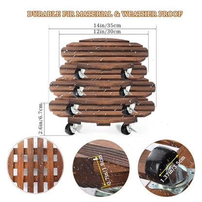 4 Pack Plant Caddy with 5 Wheels, Wood Rolling Plant Stand 220 LB Heavy Duty, Plant Dolly with Metal 360° Lockable Caster Wheels for Outdoor Indoor Large Plant Pots, Flower Pot, Patio (14"+14"+12"+12") - size: 14"+14"+12"+12"
