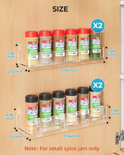 Nieifi Spice Rack Wall Mount, 4 Pack Clear, 2" Depth, Screw/Adhesive | Wall-Mounted with Removable Hooks Saves Counter Space, Fits 2" Deep Jars, Ideal for Kitchen Cabinets, Pantry Doors, and RVs - color: Clear