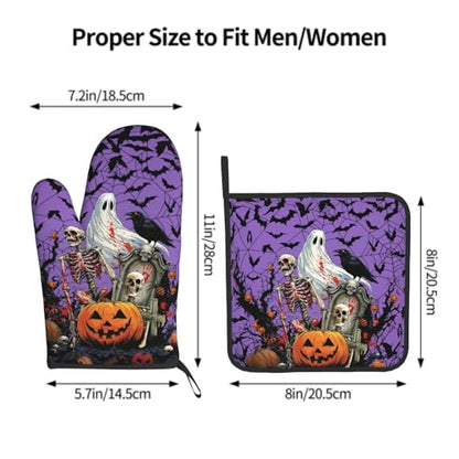 Giwawa Halloween Pumpkin Oven Mitts and Pot Holder Set of 2 Spooky Ghost Bat Heat Resistant Kitchen Gloves Hot Pad for Baking Cooking Grilling BBQ - color: Halloween Purple
