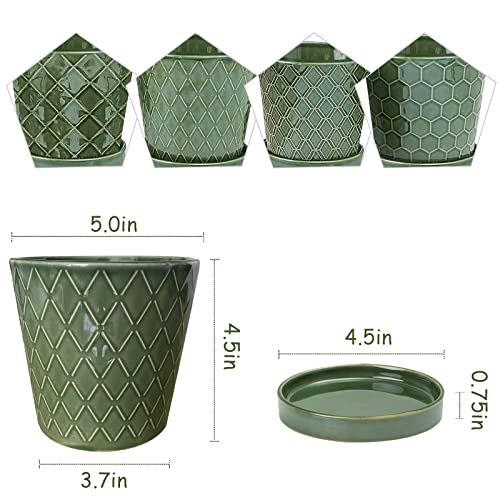 EFISPSS Flower Planter –5 inch Ceramic Plant Pots with Drainage Hole and Ceramic Tray - Gardening Home Desktop Office Windowsill Decoration Gift Set of 4 - Plants NOT Included - color: Patina