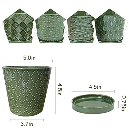 EFISPSS Flower Planter –5 inch Ceramic Plant Pots with Drainage Hole and Ceramic Tray - Gardening Home Desktop Office Windowsill Decoration Gift Set of 4 - Plants NOT Included - color: Patina