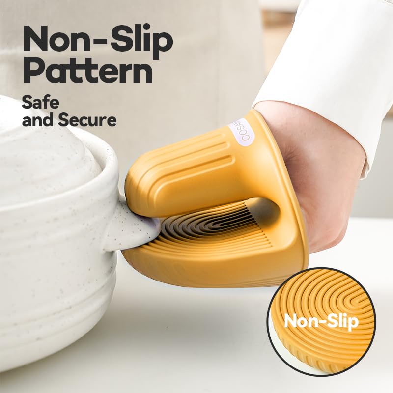Silicone Oven Mitts Heat Resistant Mini Oven Gloves and Pot Holders Set for Kitchen Non Slip Waterproof Pinch Grips for Cooking and Baking Set of 2 - color: Banana Yellow