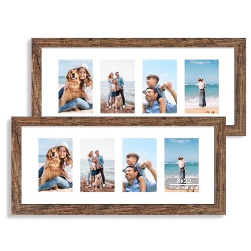Hongkee 8x20 Picture Frame Set of 2, Rustic Brown Wood Frame with Tempered Glass Collage Frame, Display Pictures Four 4x6 With Mat or 8 x 20 Without Mat - Horizontal or Vertical Wall Mounting - color: Rustic Brown, size: 8x20 in matted to 4-4x6