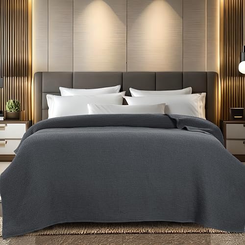 100% Cotton Waffle Weave Blanket, Queen Size 90 x 90 Inches, 300 GSM Lightweight Breathable Cooling Bed Blanket for Summer & All Season, Soft Woven Blanket, Grey - color: Grey, size: 90x90-Queen