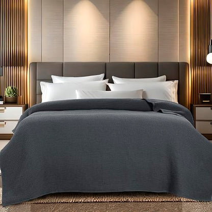 100% Cotton Waffle Weave Blanket, Queen Size 90 x 90 Inches, 300 GSM Lightweight Breathable Cooling Bed Blanket for Summer & All Season, Soft Woven Blanket, Grey - color: Grey, size: 90x90-Queen