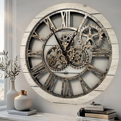 The Gears Clock The Original Real Moving Gear Wall Clock Vintage Industrial Oversized Rustic Farmhouse (24 inch (60cm),White Farmhouse) - color: White Farmhouse