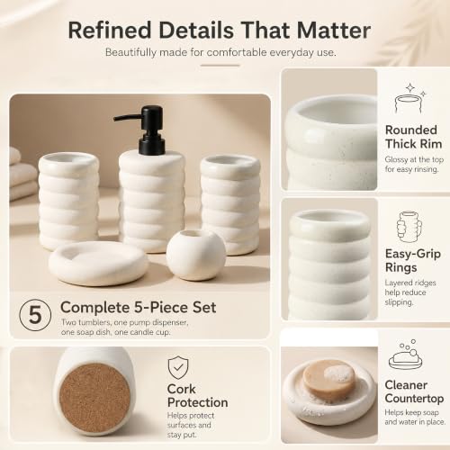 5 Pcs Ceramic Bathroom Accessories Set, White Bathroom Soap Dispenser Set | Soap Dispenser 16Oz, Toothbrush Cup, Toothbrush Holder, Soap Dish, Candle Holder,Modern Bathroom Accessory Set for Countertop - color: White-001