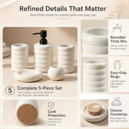 5 Pcs Ceramic Bathroom Accessories Set, White Bathroom Soap Dispenser Set | Soap Dispenser 16Oz, Toothbrush Cup, Toothbrush Holder, Soap Dish, Candle Holder,Modern Bathroom Accessory Set for Countertop - color: White-001