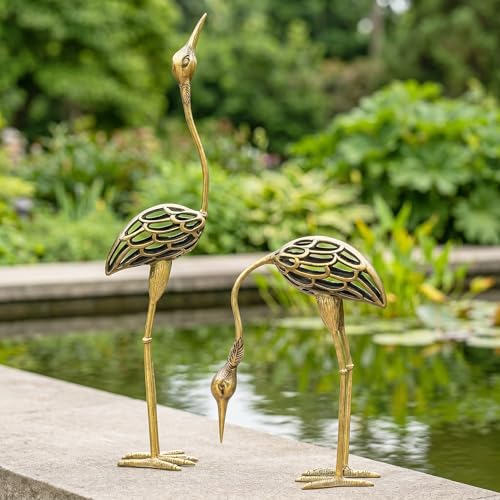 Garden Decor Statues, Metal Crane Yard Art Sculptures, Bronze | Cast Iron Heron Bird Sculptures, Outdoor Lawn & Pond Decorations, Rustic Bronze Cranes, Set of 2 with Ground Stakes - color: Rustic Bronze