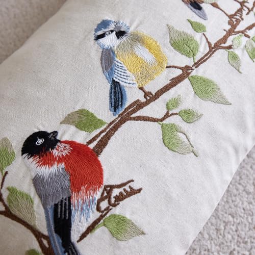 1PS Three Birds Branch Embroidery Craft Throw Pillow Cover, Natural Linen Fabric Decorative Cushion Cover, No Insert for Farmhouse Sofa Home Decor (Beige, 45x45cm) - size: 17.7" x 17.7" (Pack of 1)