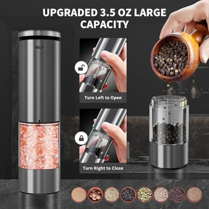 Haomacro Electric Salt and Pepper Grinder Set, Upgraded Larger Capacity | Stainless Steel Automatic Salt and Pepper Mill Set Refillable with 5 Adjustable Coarseness Stainless Steel Top button Shaker