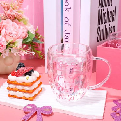 JarThenaAMCS Pink Bow Double Wall Glass Coffee Mugs 12Oz Cute Bowknot Heart Insulated Glasses Clear Espresso Cups with Handle for Home Holiday Supplies, Set of 2 - style: Pink Bow Heart