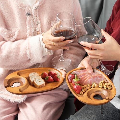 Wine Appetizer Plates, Acacia Mini Cheese Boards with Built-in Glass Holder, Wood Individual Cocktail Charcuterie Plates, Serving Platters Boards for Gatherings, Entertaining, Set of 4 - color: Acacia Wood 4pcs