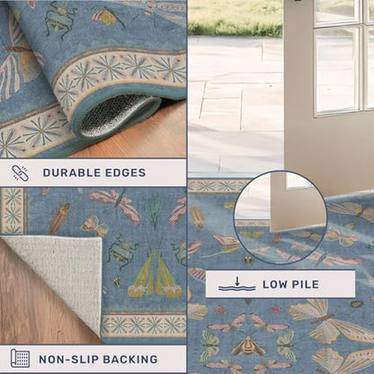 Boho Non Slip Kitchen Rug Runner - 2x5 Blue Washable Thin Rug for Bathroom, Laundry Room, Hallway, Non Slip with Rubber Backing, Insect Print Unique Runner - color: Blue, size: 2' x 5' (Runner)