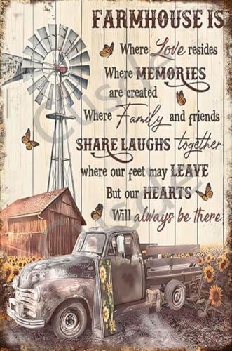 Vintage Metal Tin Sign Rustic Truck Windmill and Sunflower Farmhouse Wall Decor Retro Signs Decoration Home House Yard Plaques Funny Novelty Garage Room Kitchen 8x12 Inch