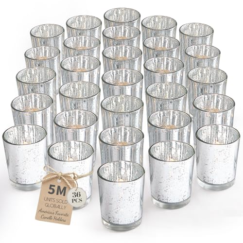 LETINE Silver Votive Candle Holders Set of 36 - Speckled Mercury Silver Glass Candle Holder Bulk - Ideal for Valentine's Day Decorations Indoor，Spring&Summer Wedding Centerpieces，Home Decor - color: Silver