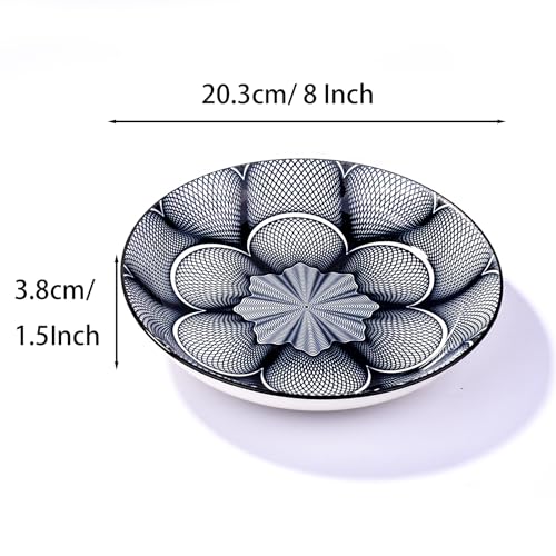 4-Piece Ceramic Salad Plate Set, 8-Inch Round Dinner Plates with Black & White Geometric Flower Motif, Modern Serving Dish with Black Rim, Microwave & Dishwasher Safe, Stackable Plates for Pasta - color: Black and White Floral Pattern