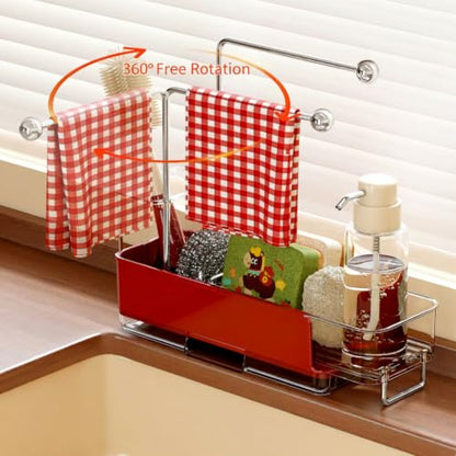 Expandable Kitchen Sink Caddy 25-38cm, 360° Rotating Sponge Holder & Brush | Red, large, stretchable 25-38cm. Side brush holder, triple drainage, rust-proof. Ideal for sponge & kitchen sink accessories. - color: Red