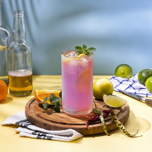 Joeyan Iridescent Gold Rim Ribbed Highball Glasses Set of 2, 12oz Hand Blown Crystal Drinking Glass Tumbler for Cocktail, Iced Coffee, Juice, Water, Soda, Tall Glassware for Kitchen Bar & Home Use - color: Iridescent highball glasses