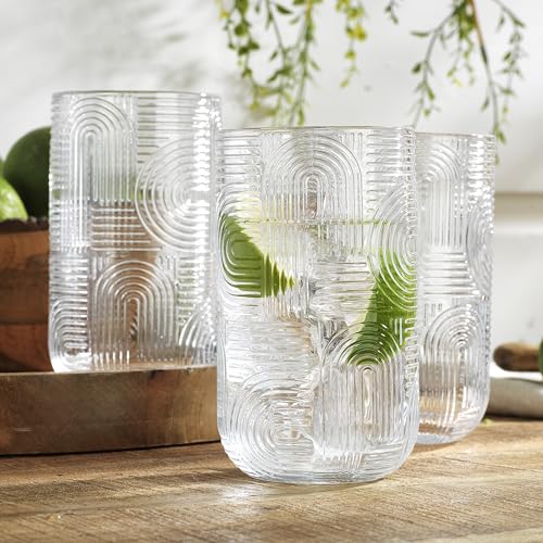 Glaver's Drinking Glasses, Highball Glasses, 17 Ounce Thick Embossed Designed, Set of 4 Clear Kitchen Glassware For Everyday Elegant Serving Coolers, Urban Pattern Modern Drinking Glasses - color: Clear, size: 17 Ounces