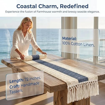 Table Runner 72 Inches Long, Blue and White Table Runner - Farmhouse Coastal Boho Macrame Dresser Runners for Bedroom, Dining & Coffee Table with Tassels - color: Blue, size: 72 inches