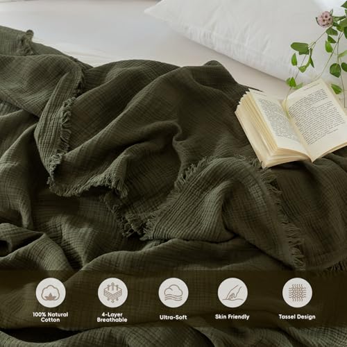 MooMee 100% Cotton Muslin Blanket, Fringed 4-Layer Gauze Bed Throw Blankets | Soft Breathable Lightweight Thin Coverlet Summer Blankets for Adults, Bed & Couch All Seasons, Olive Green, 108" x 98" - color: Olive Green, size: Super King